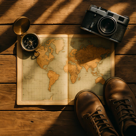 Vintage map, shoes, compass and camera on wooden background.の素材