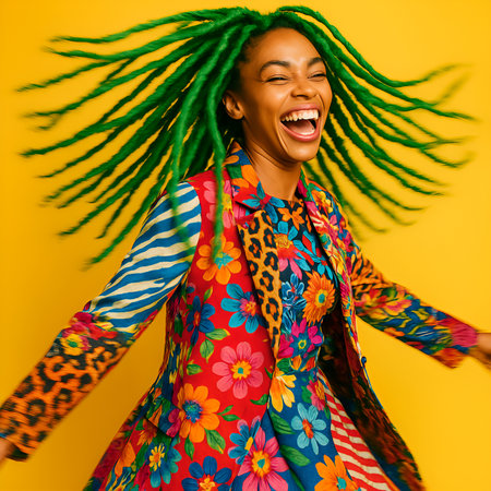 excited african american woman with dreadlocks on yellow backgroundの素材
