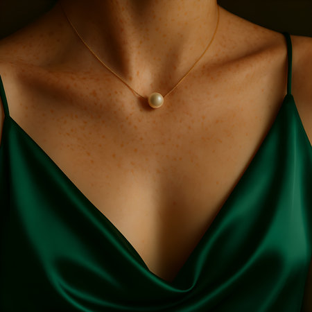 necklace on a woman's body in green silk close-upの素材