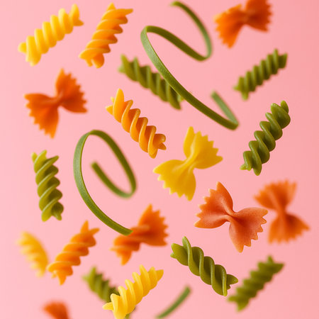 Variety of types and shapes of Italian pasta on a pink backgroundの素材