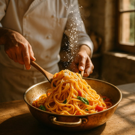 Chef cooking spaghetti with tomato sauce in a rustic kitchen.の素材