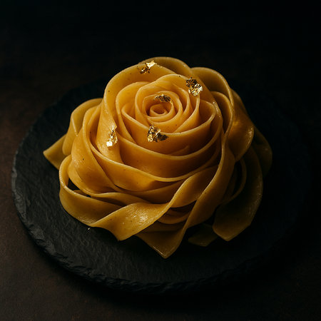Italian pasta fettuccine with golden rose on dark background. Toned.の素材