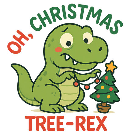 Cute cartoon dinosaur with christmas tree and lettering. Vector illustration.の素材