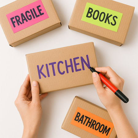 Hand holding a red marker on a cardboard box with the words free deliveryの素材