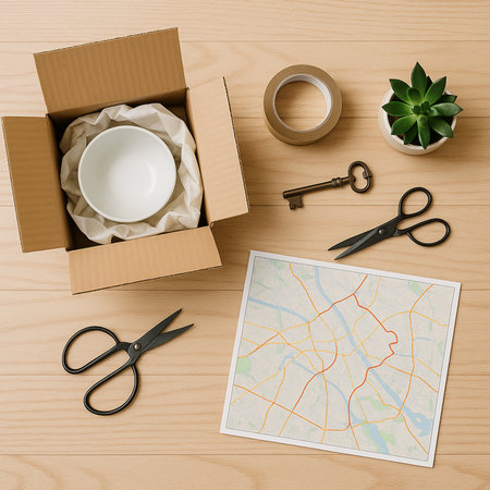 Top view of open cardboard box with a map and tools for packing products on wooden backgroundの素材