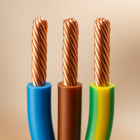Multicolored electric cable close-up on a beige backgroundの素材