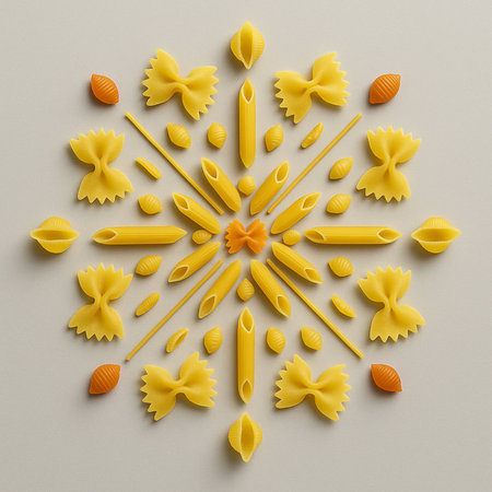 Pasta round shape on gray background. Top view. Flat lay.の素材
