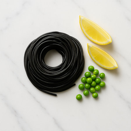 Black spaghetti pasta with green peas and lemon slices on white marble backgroundの素材