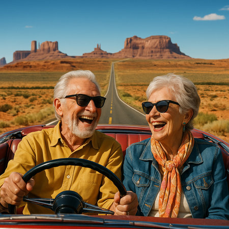 Happy senior couple driving convertible car in Monument Valley, Arizona, USAの素材