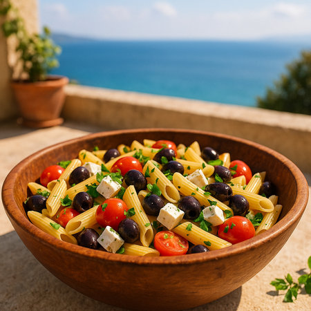 Pasta salad with tomato, olives, feta cheese and herbsの素材