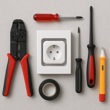 Electrician tools and socket on gray background. 3d illustration.の素材