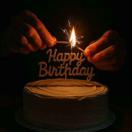 Birthday cake with burning candle in hands on dark background, closeupの素材