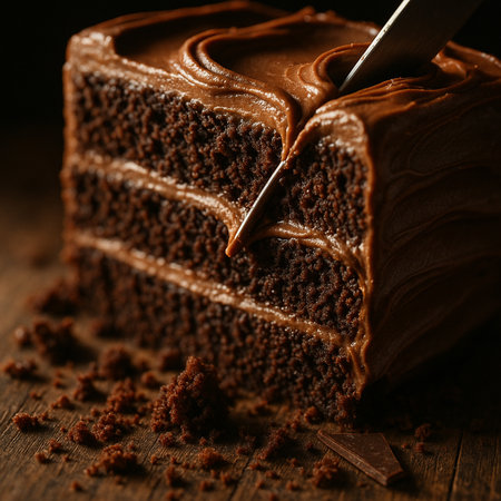 Chocolate cake with chocolate frosting on wooden table, closeupの素材