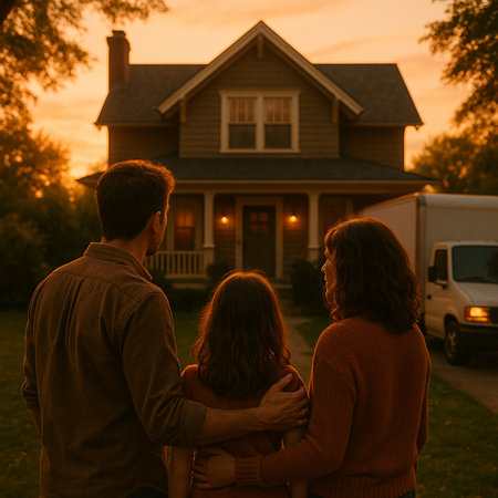 Happy family standing in front of their new house and looking at the sunsetの素材