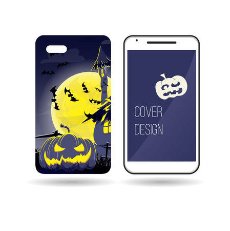 design cover phone holly pumpkin at night near the house with burning eyes and batsのイラスト素材