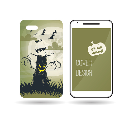 the design of the phone cover of the halloween terrible tree on the background of the full moon and around the flying batsのイラスト素材