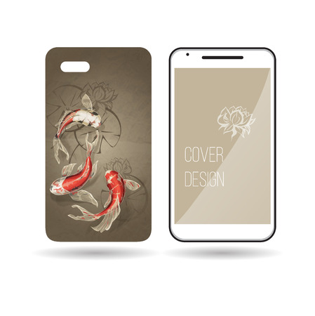 phone cover design with three gold carp and graphically drawn leaves of water lilies and lotusesのイラスト素材