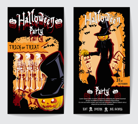 two flyers with pumpkin grim type, roots, bats, skeletons and gravesのイラスト素材