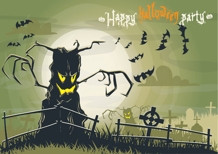 postcard invitation to a halloween party in green colors with a cemetery of scary wood and batsのイラスト素材