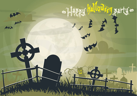 postcard invitation to a halloween party in green colors with a cemetery and batsのイラスト素材
