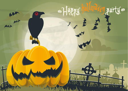 postcard invitation to a halloween party in green tones with a spiteful pumpkin, cemetery, black reddish-haired and glowing big moonのイラスト素材