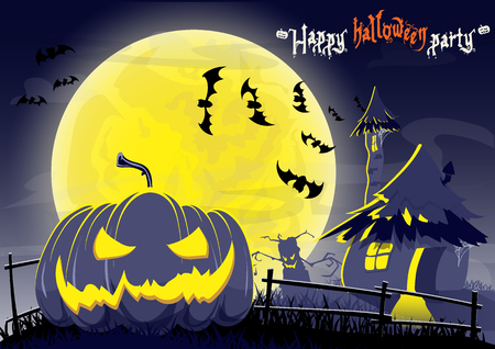 postcard invitation to halloween with a gloomy house, evil pumpkin, bats against the backdrop of a huge glowing moonのイラスト素材
