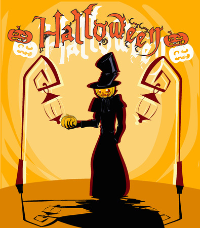 pumpkin grim type with lanterns of shadows and pumpkin in handsのイラスト素材