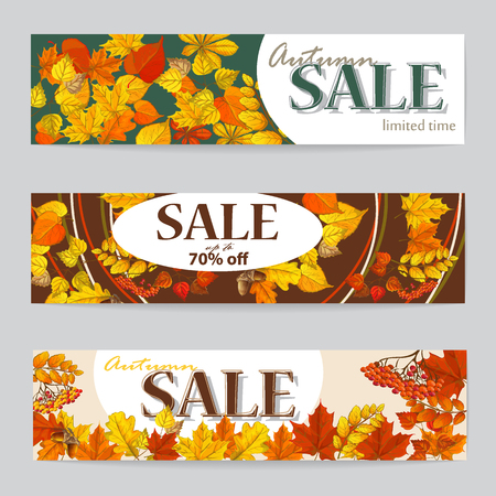 autumn sale flyer three with autumn leaves of maple, birch, oak, chestnut, circles with shadowのイラスト素材
