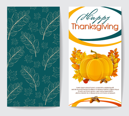 two postcards flyers happy thanksgiving with maple leaves yellow and orange, pumpkin, acorns, textのイラスト素材