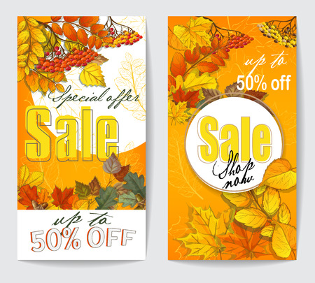 autumn sale flyer two with autumn leaves of maple, birch, oak, chestnut, circles with shadowのイラスト素材