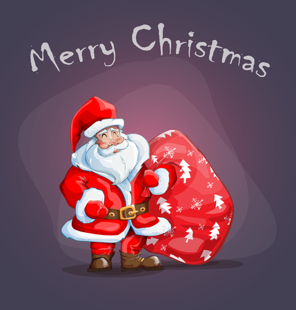 greeting card with Santa Claus in red coat with bag of gifts.のイラスト素材