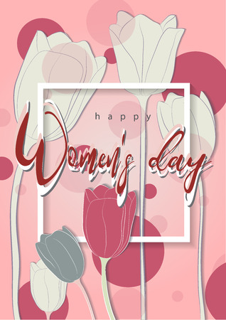 Card for women's day with tulips of different colors white green pink red with a frame and beautiful textのイラスト素材