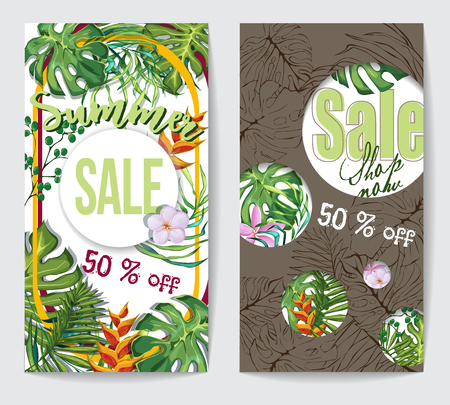 two discount flyers with tropical green leaves, pink and purple flowers, stripesのイラスト素材