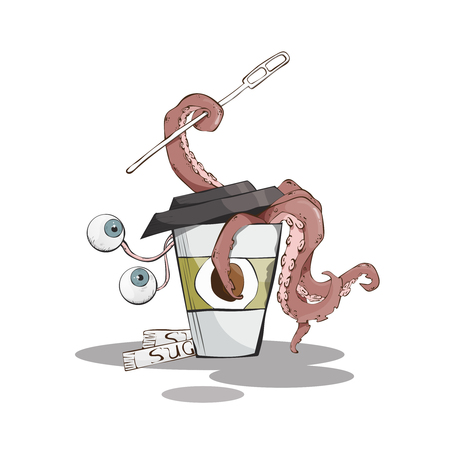 a Cup of coffee with a monster inside with long pink tentacles and eyes on the antennae of blue greenish colorのイラスト素材