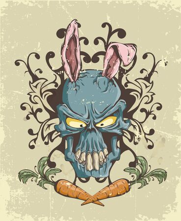 The skull of a hare with ears in graphics drawn manually with Parking in retro style with scuffs of blue, orange, pink flowersのイラスト素材