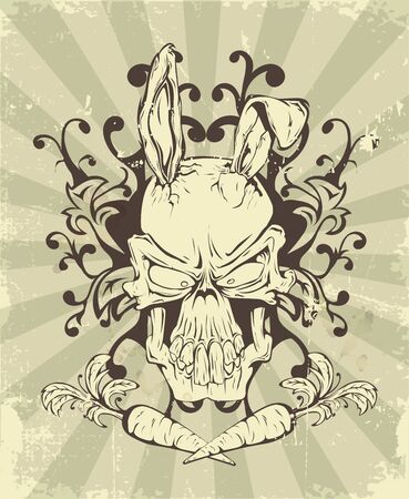 The skull of a hare with ears in graphics drawn by hand with carrots in retro style with scuffsのイラスト素材