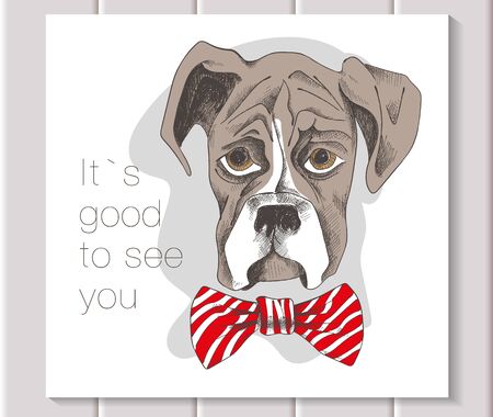 a boxer puppy with a red bowのイラスト素材