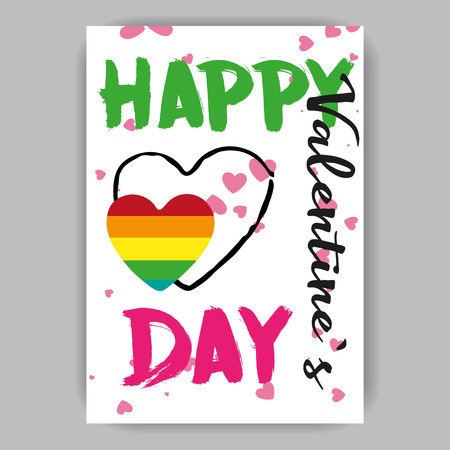 Valentine's day white card with a rainbow heart and colored inscription by handのイラスト素材