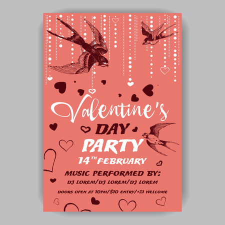 Valentine's day flyer with hand-drawn swallows and heartsのイラスト素材