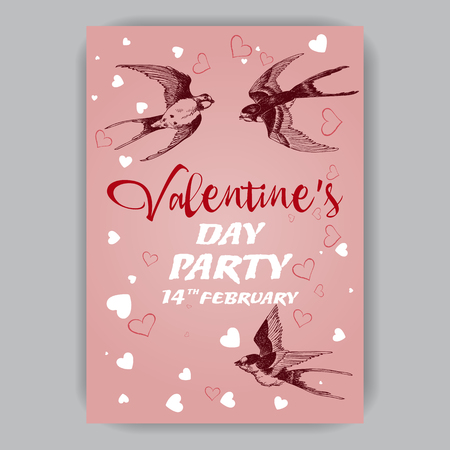 Valentine's day flyer with hand-drawn swallows and heartsのイラスト素材