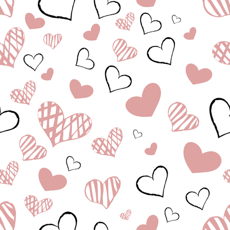 pattern with pink and black hearts on a white background hand-drawnのイラスト素材