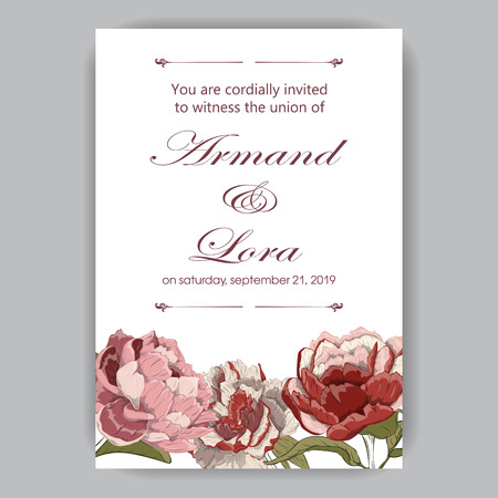 Wedding invitation with hand-drawn peonies red, pink, beige on light backgroundのイラスト素材