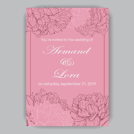 Wedding invitation with hand-drawn peonies on pink background in graphic styleのイラスト素材
