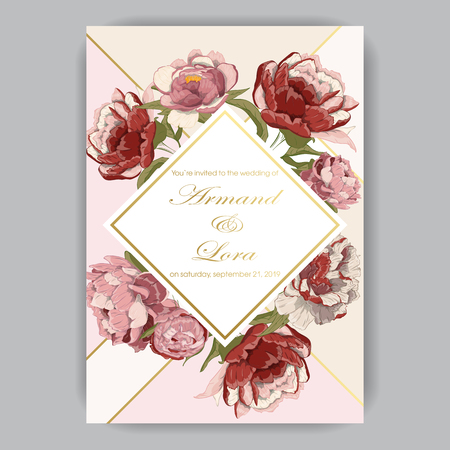 Wedding invitation with hand-drawn peonies red, pink, beige on light backgroundのイラスト素材