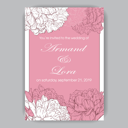 Wedding invitation with hand-drawn peonies on pink background in graphic styleのイラスト素材