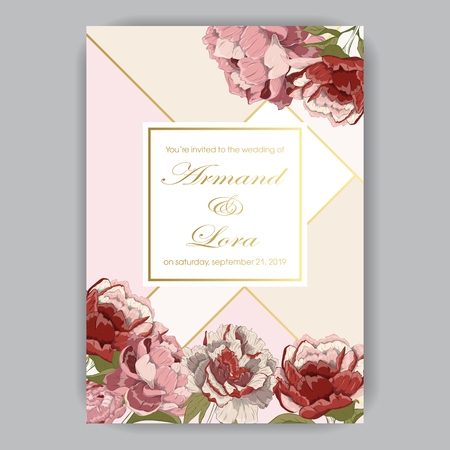 Wedding invitation with hand-drawn peonies red, pink, beige on light backgroundのイラスト素材