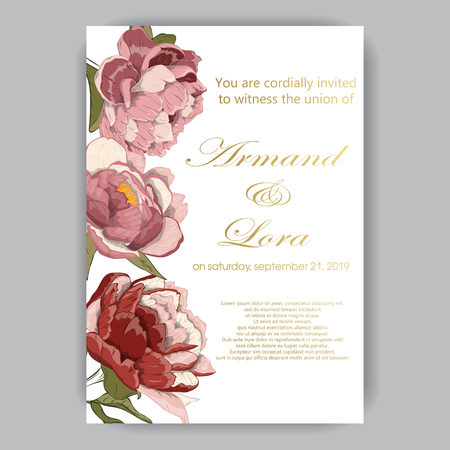 Wedding invitation with hand-drawn peonies red, pink, beige on light backgroundのイラスト素材