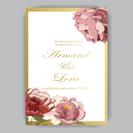 Wedding invitation with hand-drawn peonies red, pink, beige on light backgroundのイラスト素材