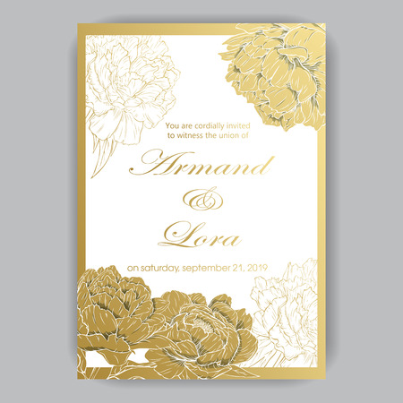 Wedding invitation with hand-drawn peonies red, pink, beige on light backgroundのイラスト素材