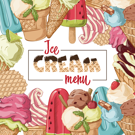 ice cream menu with different ice cream conesのイラスト素材